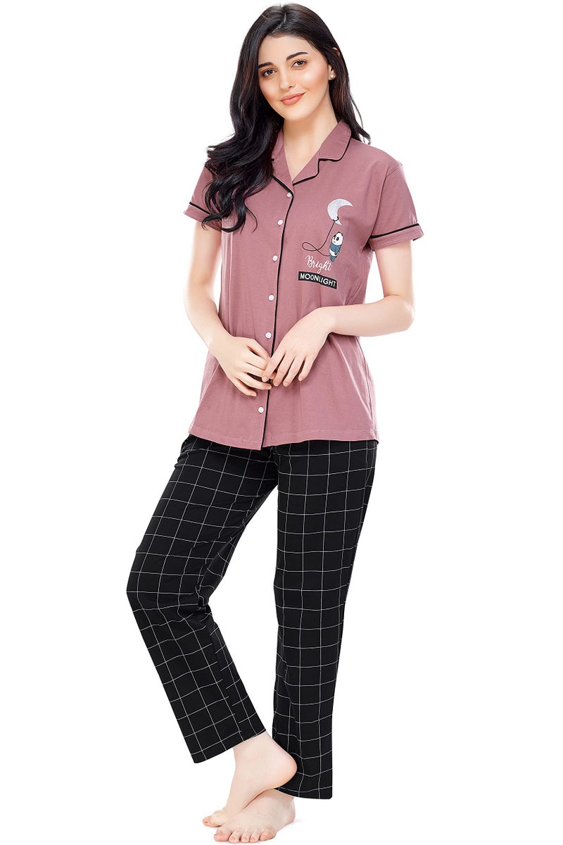 ZEYO Women's Cotton Checks Printed Brown Night Suit Set Of Pajama Set 5239, X-Large - Image 4