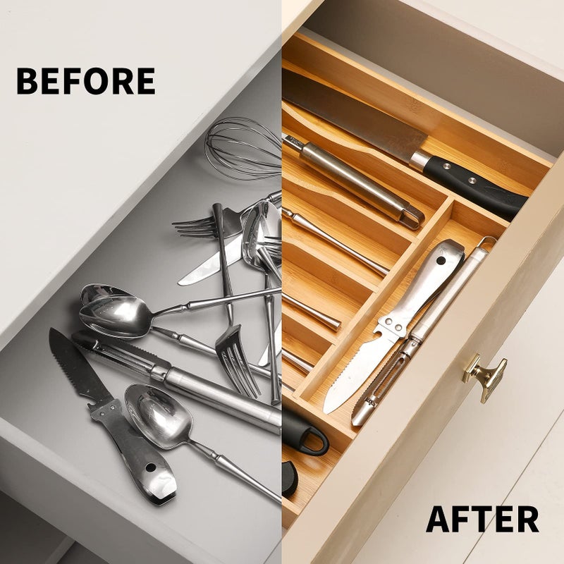 oridom Expandable Bamboo Kitchen Drawer Organizer for Cutlery and Utensils, Adjustable Bamboo Wood Cutlery Tray in Drawer for Flatware and Silverware in Kitchen, (Natural) - Image 4