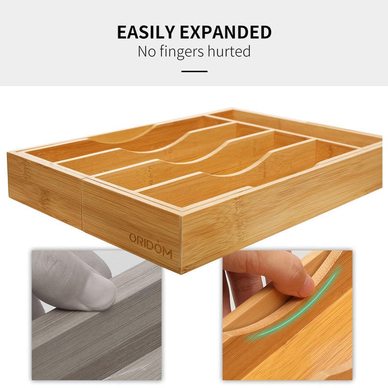 oridom Expandable Bamboo Kitchen Drawer Organizer for Cutlery and Utensils, Adjustable Bamboo Wood Cutlery Tray in Drawer for Flatware and Silverware in Kitchen, (Natural) - Image 5