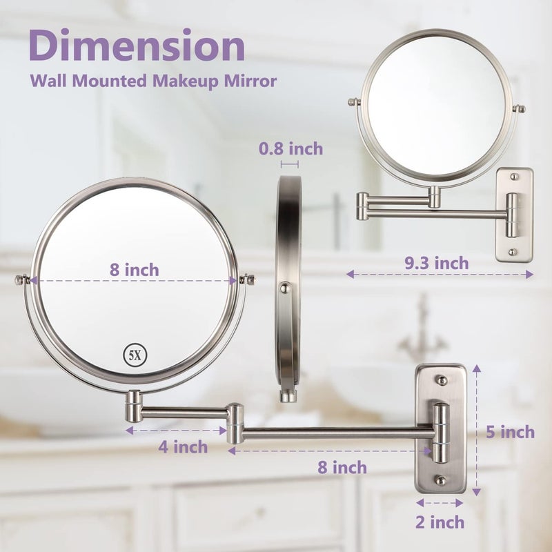 Alhakin Wall Mounted Makeup Mirror with 5X Magnification, 8 Inch Double Sided Vanity Magnifying Mirror for Bathroom, Nickel Finish - Image 4