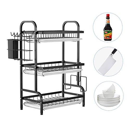 KUK 3 Tier Dish Drying Rack, Stainless Steel Over The Sink Dish with Drain Tray, Kitchen Dishes Drying Racks, Dish Racks for Kitchen Counter Storage (Black) - Image 2