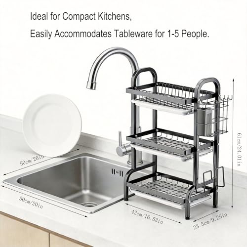KUK 3 Tier Dish Drying Rack, Stainless Steel Over The Sink Dish with Drain Tray, Kitchen Dishes Drying Racks, Dish Racks for Kitchen Counter Storage (Black) - Image 3