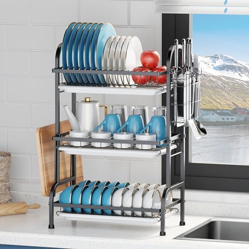 KUK 3 Tier Dish Drying Rack, Stainless Steel Over The Sink Dish with Drain Tray, Kitchen Dishes Drying Racks, Dish Racks for Kitchen Counter Storage (Black) - Image 4