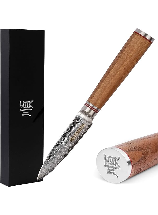 IAF Paring Knives 3.5 inch Peeling Knife Hammered Damascus Steel Japanese Natural Walnut Wooden Handle - Image 1