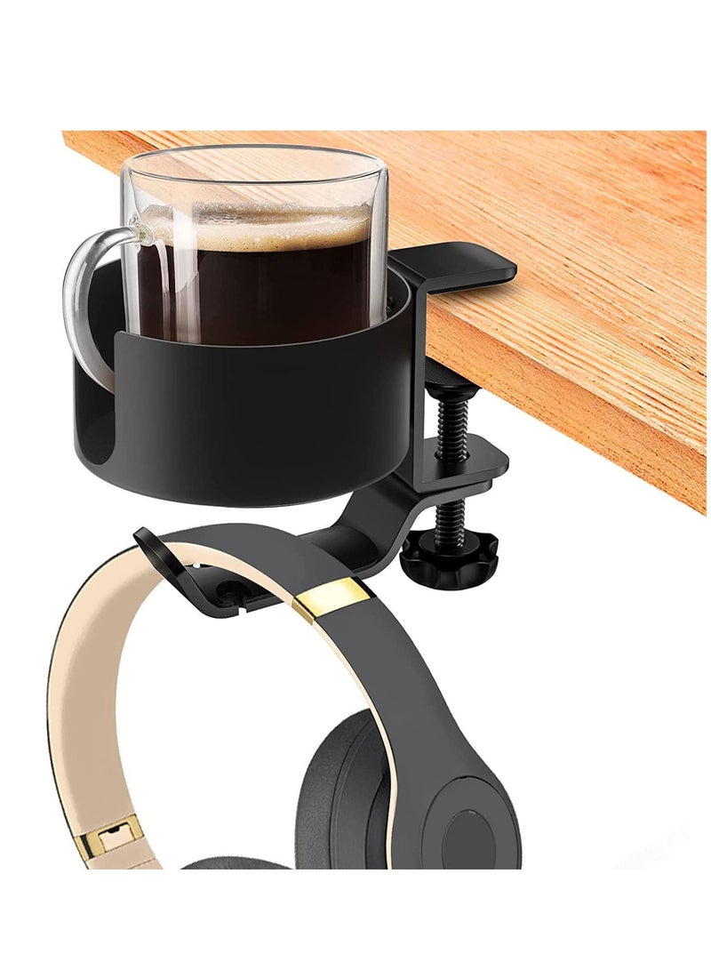 Generic Desk Cup Holder, Anti Spill Cup Holder Clamp, 2 in 1 Desk Cup Holder with Rotatable Headphone Hanger Holder, Clip on Cup Holder Easy Installation for Water Bottles, Backpack, Cup  - Image 1