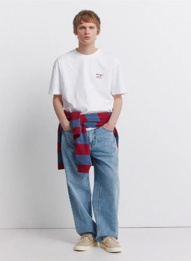 Springfield Thick cotton boxy fit short sleeve t-shirt with ribbed round neck and logo print on the front