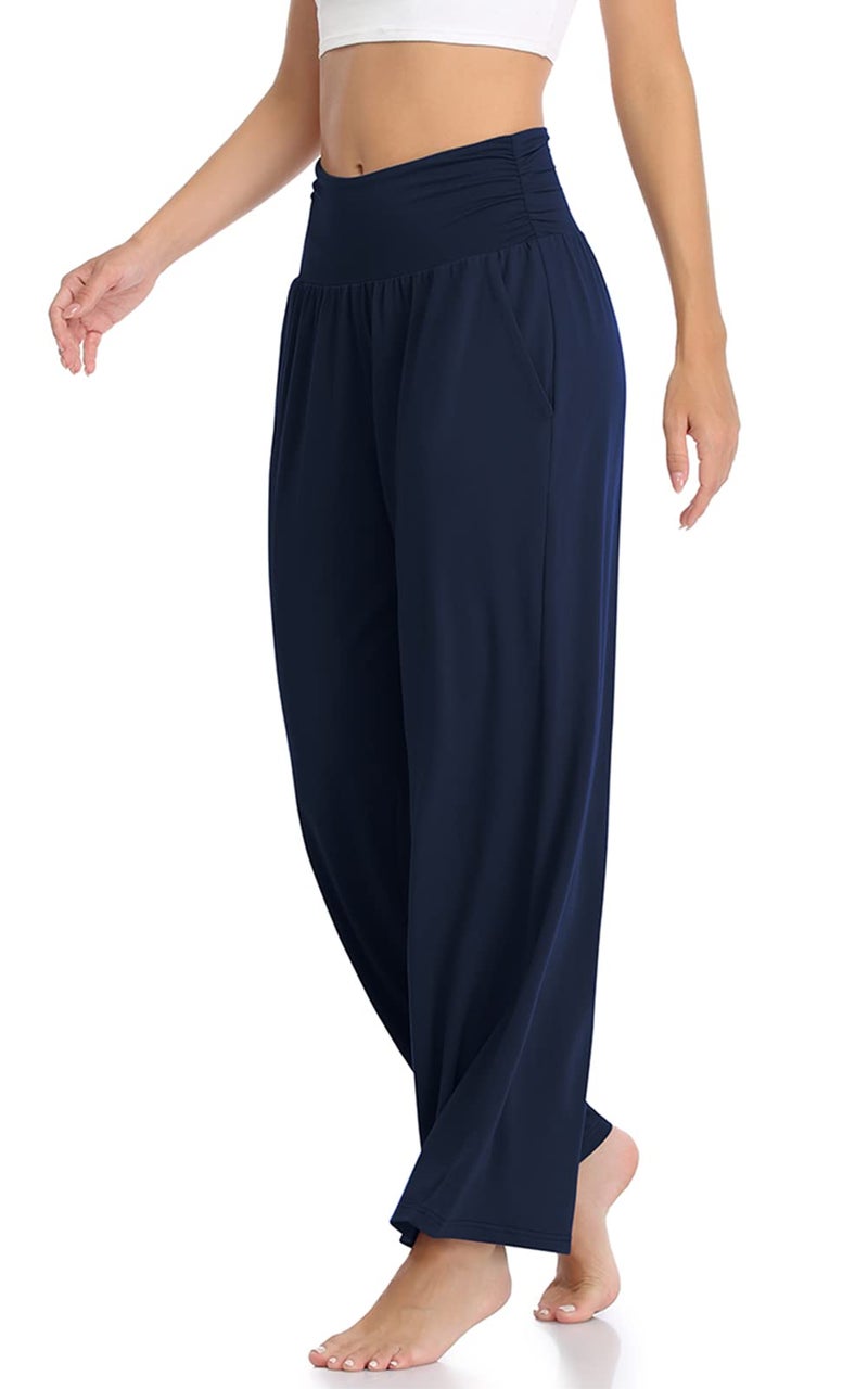 TARSE Womens Yoga Pants Wide Leg Comfy Loose Lounge Pajama Flowy Pants Pockets Casual Sweatpants (Navy,L) - Image 3
