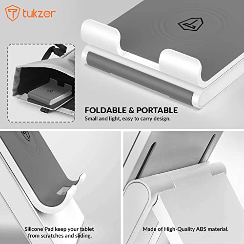 Tukzer Foldable Tablet & Mobile Stand Holder with Telescopic Height & Multi-Angle Adjustment| Anti-Slip Silicone Surface, Charging Slot| For Up to 12 Inch Screen iPad Tab, Smartphones, Kindle (Silver) - Image 4