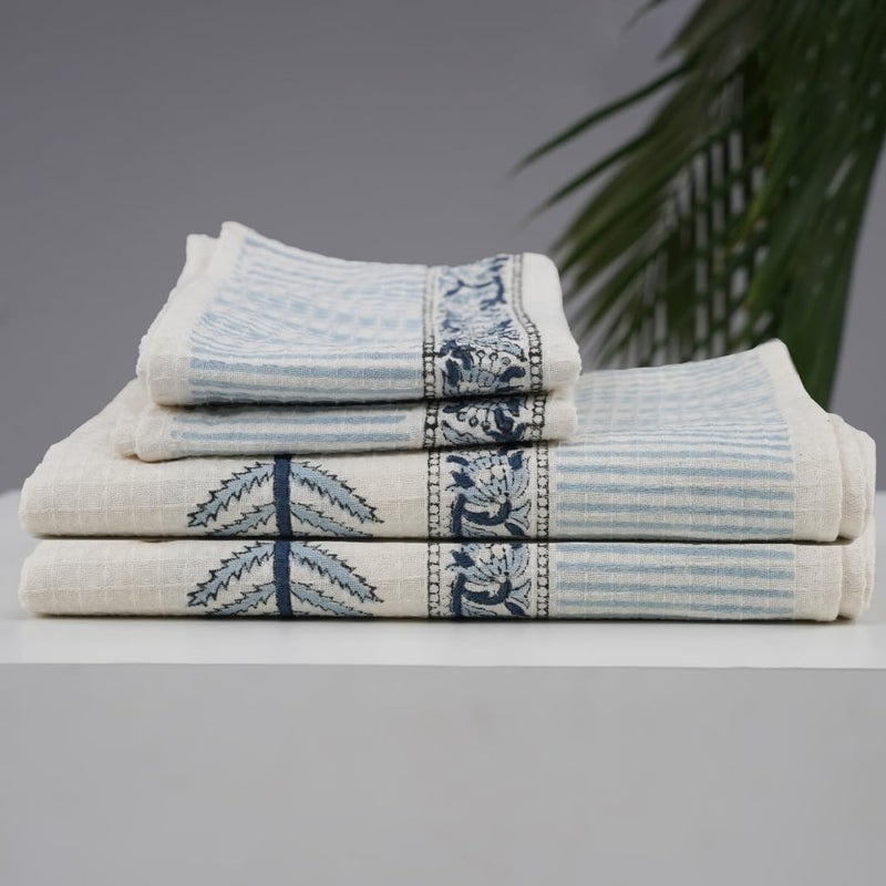 Peepul Tree Block Printed Hand and Bath Towels Super Absorbent Soft Faster Drying Floral Printed 100 Pure Cotton 240 GSM 2 Hand 2 Bath Towel Set Blue - Image 2