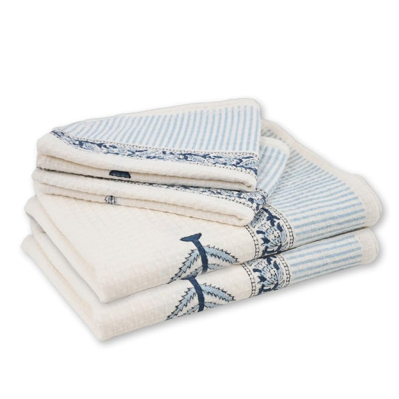Peepul Tree Block Printed Hand and Bath Towels Super Absorbent Soft Faster Drying Floral Printed 100 Pure Cotton 240 GSM 2 Hand 2 Bath Towel Set Blue - Image 1