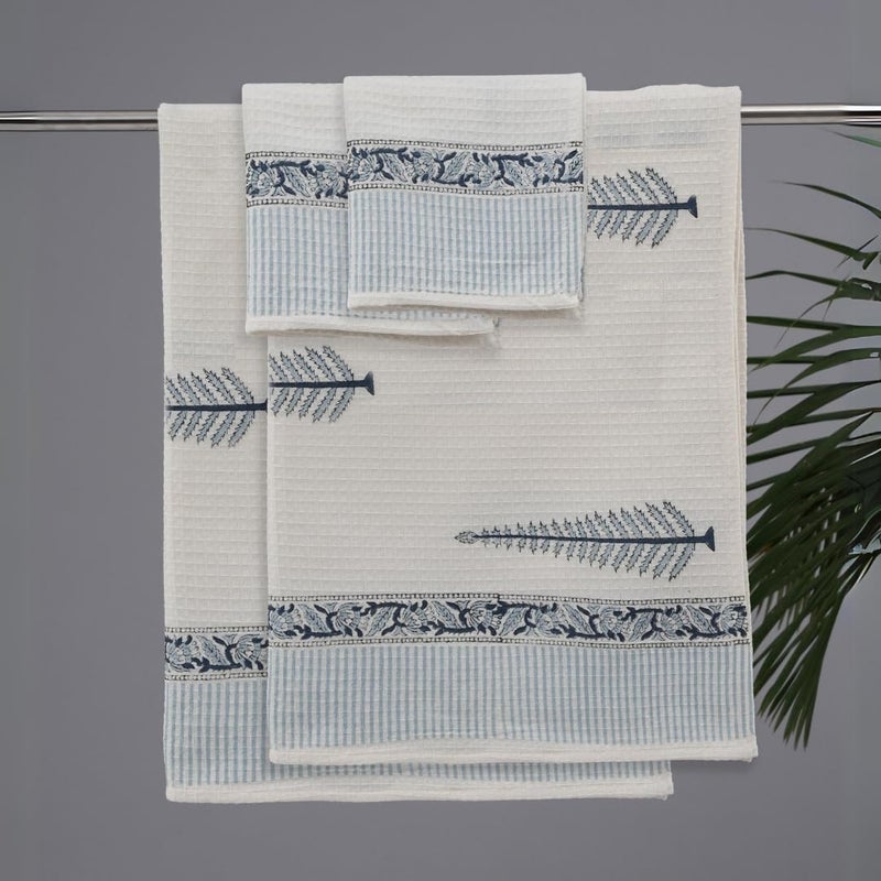 Peepul Tree Block Printed Hand and Bath Towels Super Absorbent Soft Faster Drying Floral Printed 100 Pure Cotton 240 GSM 2 Hand 2 Bath Towel Set Blue - Image 3