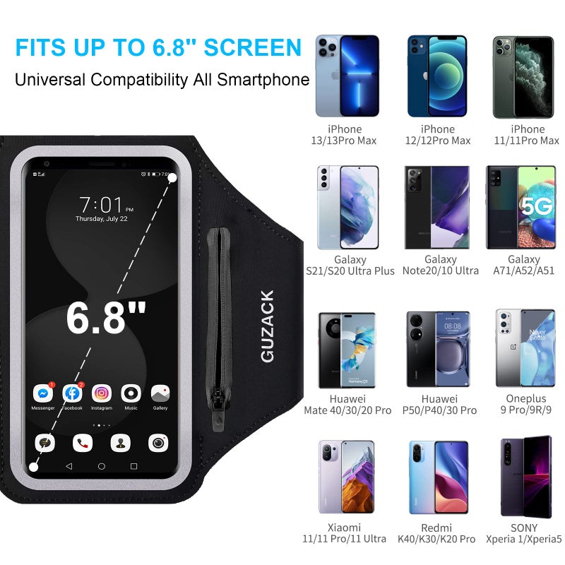 GUZACK Phone Holder for Running with Zipper Pouch, Running Armband for iPhone 17/16/15/14/13/12/11 Pro Max/Plus/XR/XS, Galaxy S25/S24/S23/S22, Cell Phone Arm Holder with Key Pocket & Card Slot - Image 2