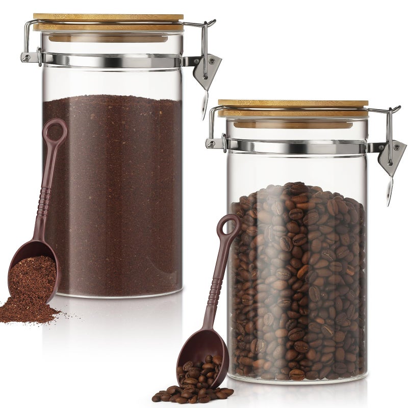 VZZNN 2 Pack 405oz Coffee Bean Storage Container with Airtight Bamboo Lids Glass Airtight Coffee Canister with Scoop Storage Container for Grounds Tea Cereal Sugar - Image 2