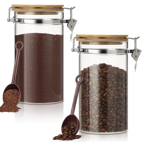 VZZNN 2 Pack 405oz Coffee Bean Storage Container with Airtight Bamboo Lids Glass Airtight Coffee Canister with Scoop Storage Container for Grounds Tea Cereal Sugar - Image 1