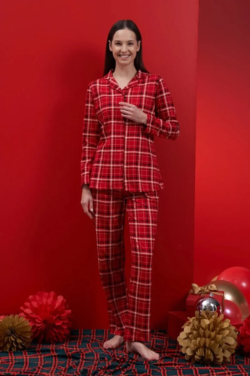 ريمسا Women's Plaid Patterned Cotton Pajama Set 1622 Red