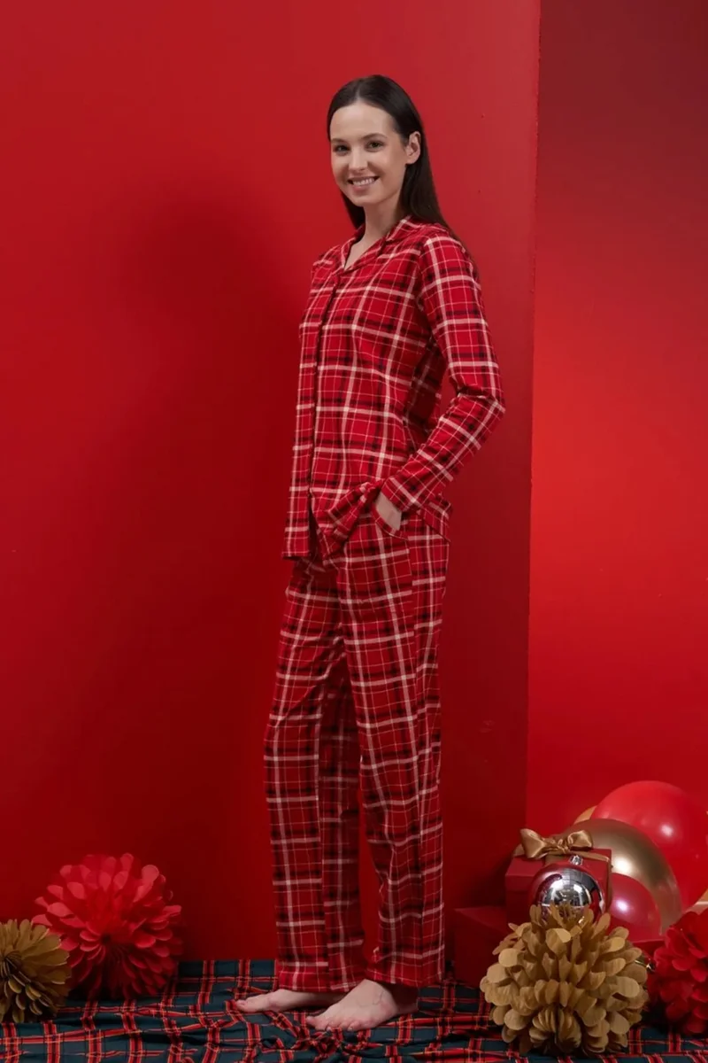 ريمسا Women's Plaid Patterned Cotton Pajama Set 1622 Red