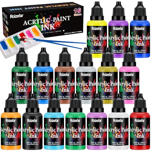 Roizefar Acrylic Paint Ink, 16 x 20ml (0.68 fl.oz), Acrylic Drawing Ink Set, Liquid Acrylics Paint with 2 Brushes and 1 Palette for Drawing, Ideal for Pouring Art, Mixed Media Projects - Image 1