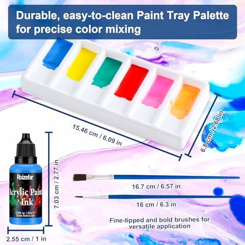 Roizefar Acrylic Paint Ink, 16 x 20ml (0.68 fl.oz), Acrylic Drawing Ink Set, Liquid Acrylics Paint with 2 Brushes and 1 Palette for Drawing, Ideal for Pouring Art, Mixed Media Projects - Image 4