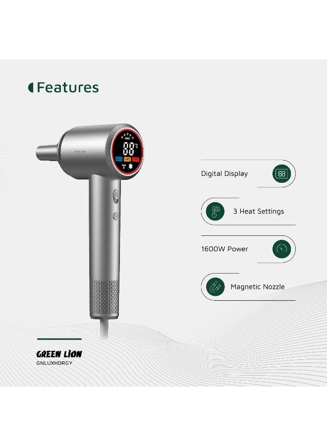 GREEN LION LUXAIR Hair Dryer with Digital Display 1600W Power / Hot, Cold Air Alternating Mode / 3 Heat Settings /Low Noise - Grey - Image 2