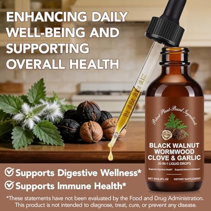Tiuedu Black Walnut & Wormwood Herbal Liquid Drops, 20-in-1 Plant-Based Herbal Wellness Formula with Clove, Garlic, Pumpkin Seed & Milk Thistle, Fast-Absorbing Liquid, 2Pack - Image 2