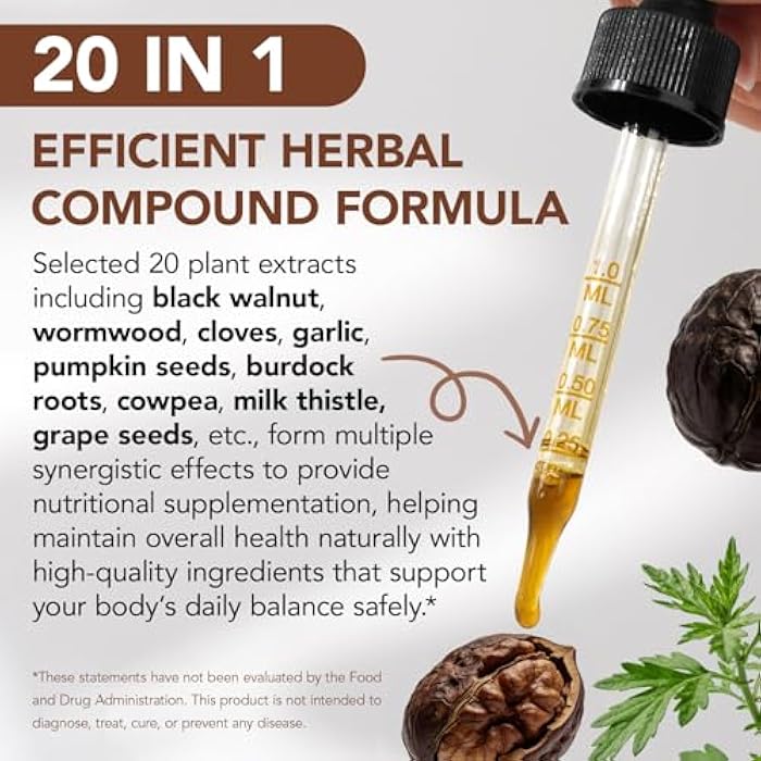 Tiuedu Black Walnut & Wormwood Herbal Liquid Drops, 20-in-1 Plant-Based Herbal Wellness Formula with Clove, Garlic, Pumpkin Seed & Milk Thistle, Fast-Absorbing Liquid, 2Pack - Image 4