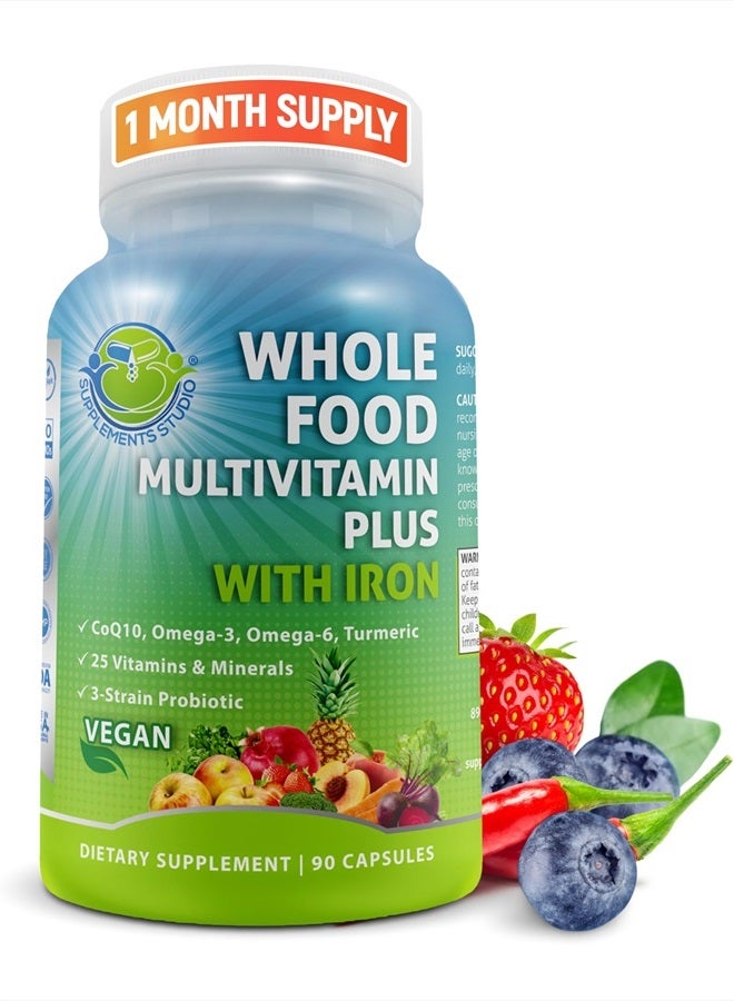 Supplements Studio Vegan Whole Food Multivitamin with Iron, Daily Multivitamin for Women and Men, Made with Fruits & Vegetables, B-Complex, Probiotics, Enzymes, CoQ10, Omegas, Turmeric, Non-GMO, 90 Count - Image 1