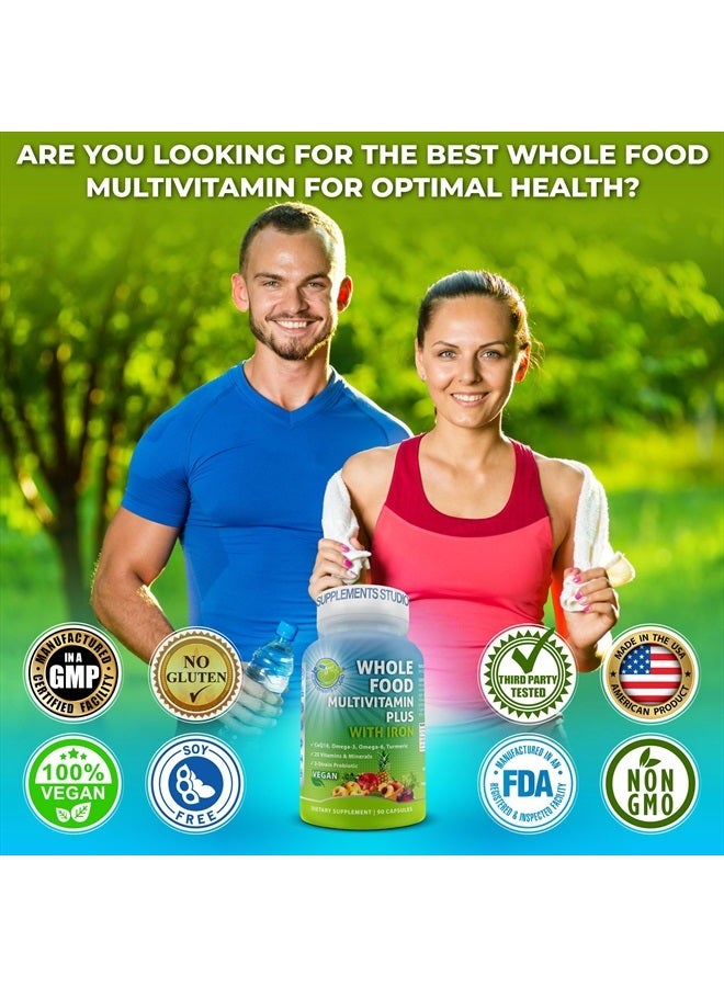 Supplements Studio Vegan Whole Food Multivitamin with Iron, Daily Multivitamin for Women and Men, Made with Fruits & Vegetables, B-Complex, Probiotics, Enzymes, CoQ10, Omegas, Turmeric, Non-GMO, 90 Count - Image 2