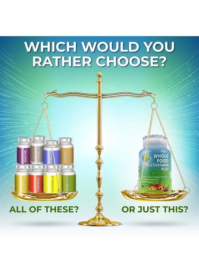 Supplements Studio Vegan Whole Food Multivitamin with Iron, Daily Multivitamin for Women and Men, Made with Fruits & Vegetables, B-Complex, Probiotics, Enzymes, CoQ10, Omegas, Turmeric, Non-GMO, 90 Count - Image 3