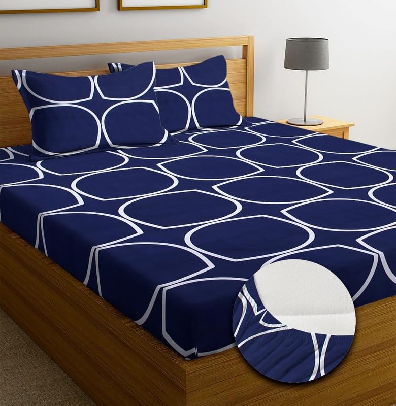 NEW LEAF Premium Cotton Elastic Fitted Bedsheets with 2 King Size Pillow Covers | Double Bed with All Around Elastic 220 TC Supersoft |Size-72 King Sizex78+10 inches | Navy Blue - Image 5