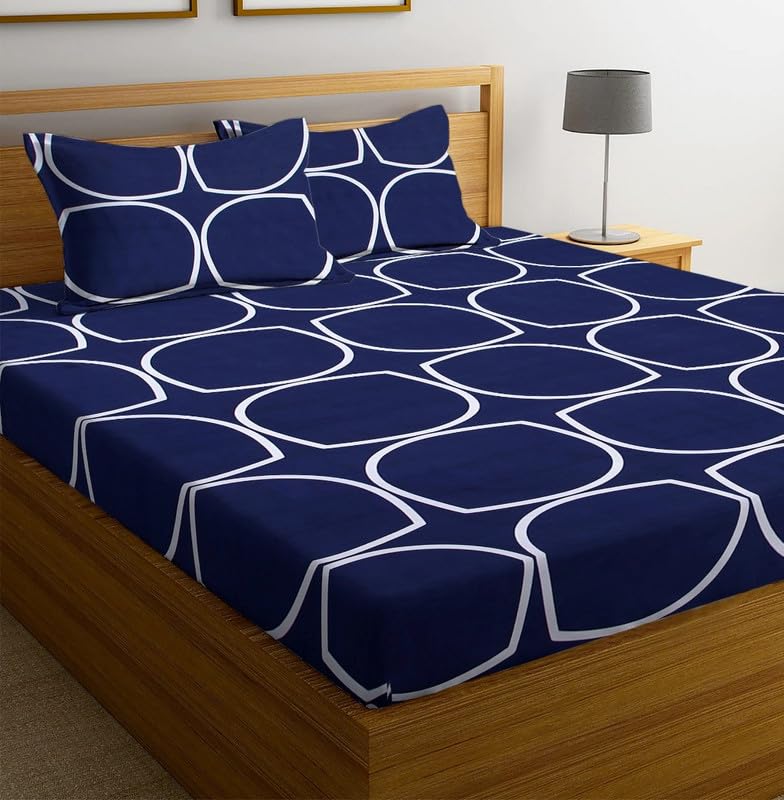 NEW LEAF Premium Cotton Elastic Fitted Bedsheets with 2 King Size Pillow Covers | Double Bed with All Around Elastic 220 TC Supersoft |Size-72 King Sizex78+10 inches | Navy Blue - Image 4