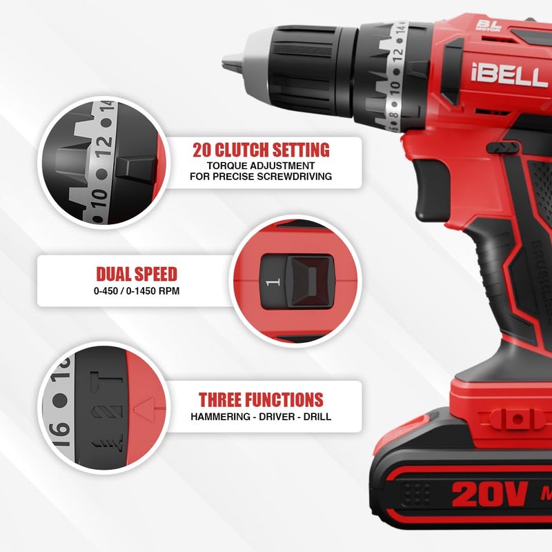 IBELL Brushless Cordless Impact Driver Drill Bm1860 20V 1450 Rpm Chuck 10 Mm LiIon 1500Mah 20 Level Torque 3 Mode Selections With 2 Batteries 18 Months Motor Warranty Red - Image 3