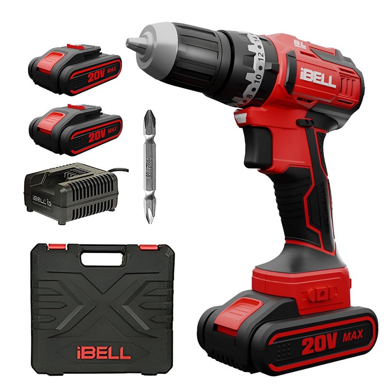 IBELL Brushless Cordless Impact Driver Drill Bm1860 20V 1450 Rpm Chuck 10 Mm LiIon 1500Mah 20 Level Torque 3 Mode Selections With 2 Batteries 18 Months Motor Warranty Red - Image 1