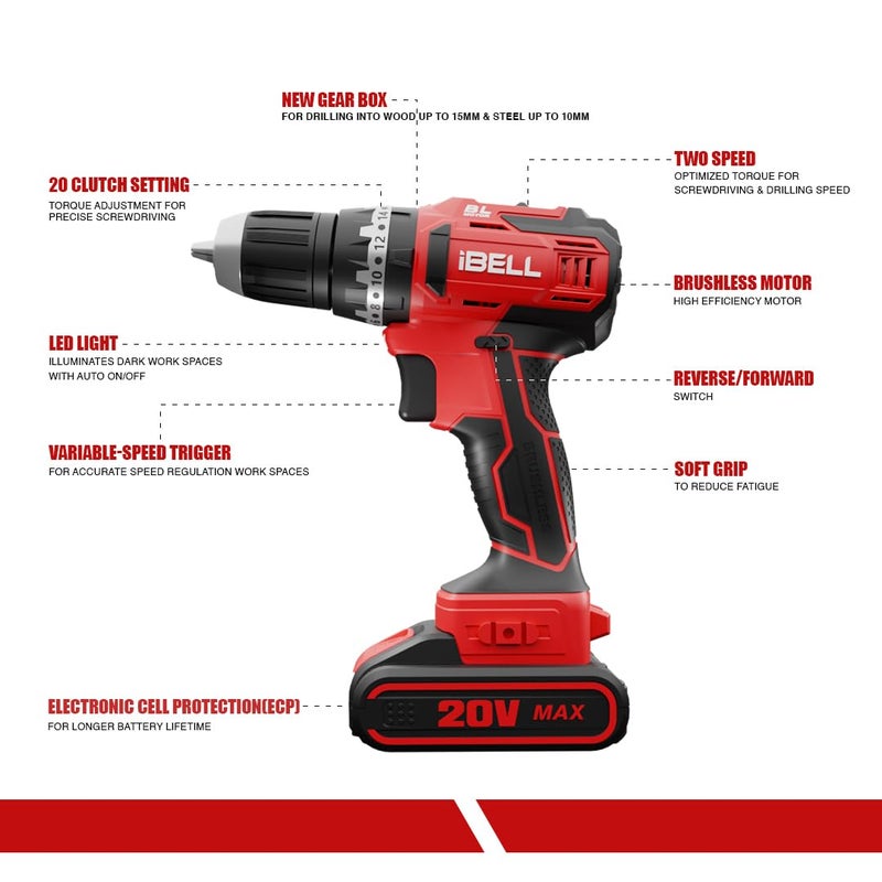IBELL Brushless Cordless Impact Driver Drill Bm1860 20V 1450 Rpm Chuck 10 Mm LiIon 1500Mah 20 Level Torque 3 Mode Selections With 2 Batteries 18 Months Motor Warranty Red - Image 2