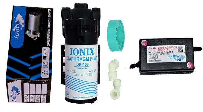 DP-100 RO BOOSTER PUMP 100 GPD & RO PUMP SUPPLY ADAPTER 24 V COMBO, RO PUMP 100 GPD, COMPATIBLE WITH ALL STORAGE TYPE RO'S, UNIVERSAL TYPE COMBO, 1 YEAR WARRANTY (100 GPD MOTOR AND SMPS COMBO)