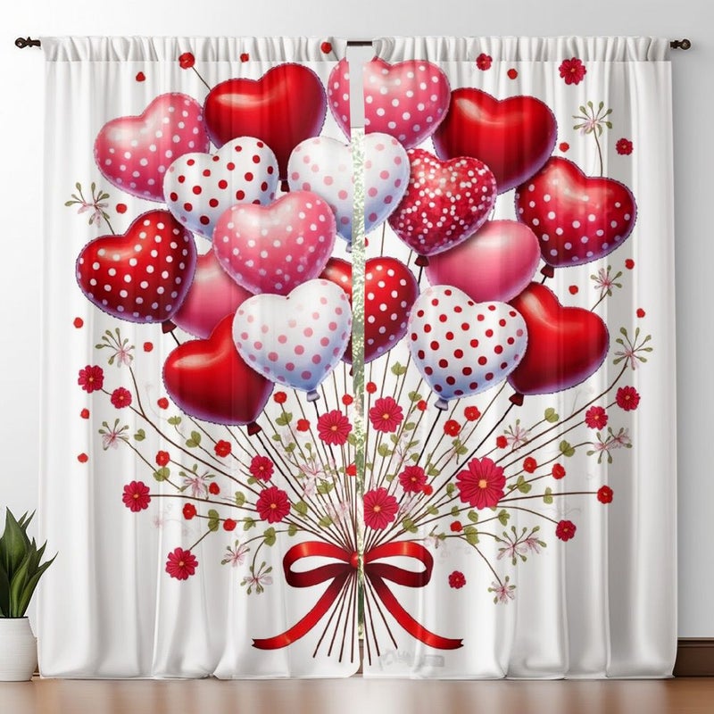 Set Of 2 Polychrome Heart Balloon Floral Print Curtains Modern Art Style Rod Pocket Home Decoration For Kitchen Cafe Living Room Balcony Garden - Image 1