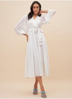 Femmella Textured Dobby Wrap Midi Dress with Waist Tie Detail by Styli  - Image 5