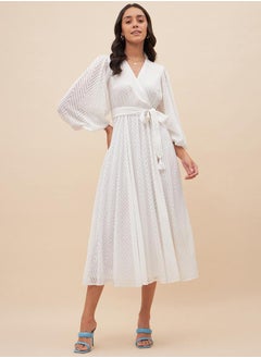 Femmella Textured Dobby Wrap Midi Dress with Waist Tie Detail by Styli  - Image 1