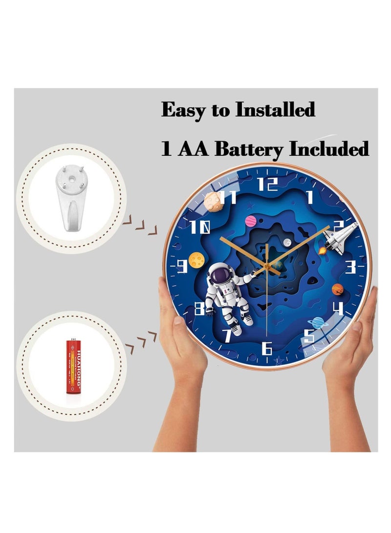 SYOSI ساعة حائط للأطفال من SYOSI، 12 بوصة، حركة صامتة، ساعة دائرية، تعمل بالبطارية، ديكور بأسلوب سفر فضائي، ساعة للأطفال للأولاد (أزرق) - Image 5