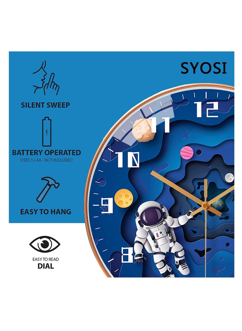 SYOSI ساعة حائط للأطفال من SYOSI، 12 بوصة، حركة صامتة، ساعة دائرية، تعمل بالبطارية، ديكور بأسلوب سفر فضائي، ساعة للأطفال للأولاد (أزرق) - Image 3