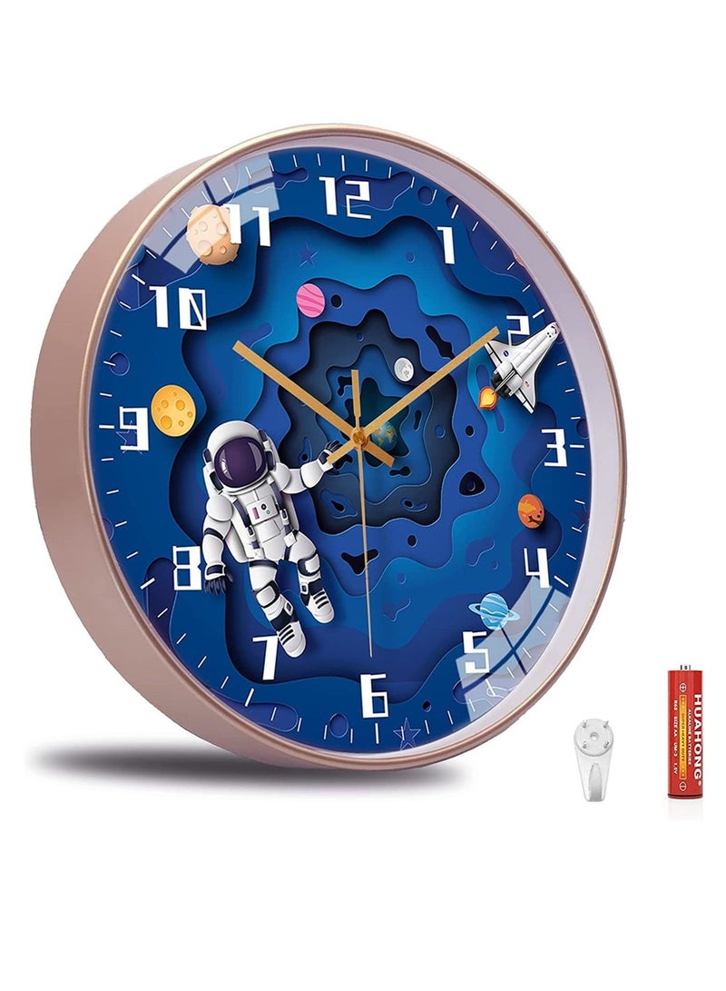 SYOSI ساعة حائط للأطفال من SYOSI، 12 بوصة، حركة صامتة، ساعة دائرية، تعمل بالبطارية، ديكور بأسلوب سفر فضائي، ساعة للأطفال للأولاد (أزرق) - Image 2