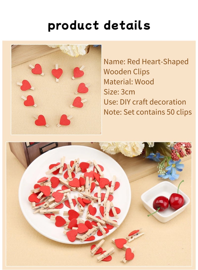 نجمة ولاء مشابك صور خشبية على شكل قلب، مشابك خشبية صغيرة للصور والبطاقات والأعمال اليدوية، مشابك قلب مزخرفة لحفلات الزفاف وديكور المنزل، مجموعة من 50 قطعة - Image 2
