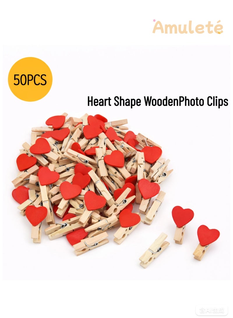 نجمة ولاء مشابك صور خشبية على شكل قلب، مشابك خشبية صغيرة للصور والبطاقات والأعمال اليدوية، مشابك قلب مزخرفة لحفلات الزفاف وديكور المنزل، مجموعة من 50 قطعة - Image 1