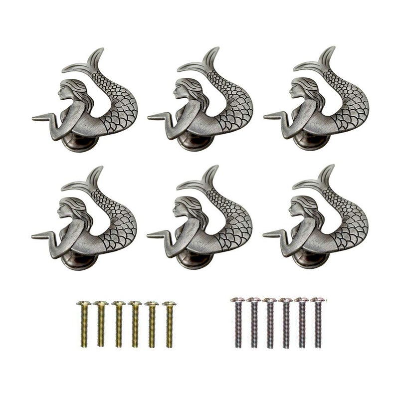 Xinally 6 Pieces Vintage Mermaid Pulls Beach Nautical Decorative Furniture Single Hole Pulls for Drawers Cabinets Closets Kitchens and Other Home Decor