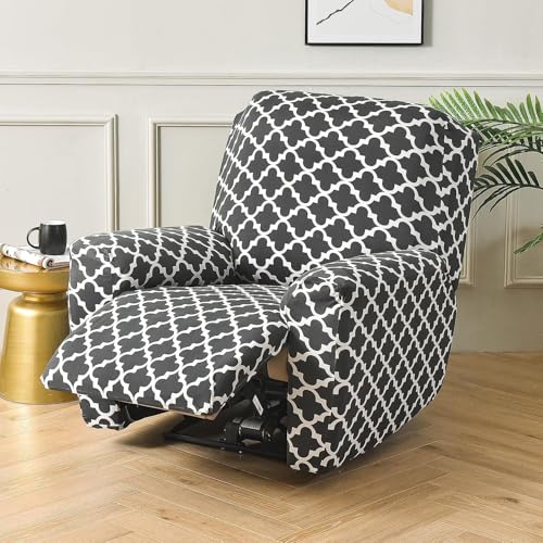 House of Quirk Polyester Recliner Slipcover 4 Pieces Stretch Printed Chair Covers with Side Pocket Sofa Couch Cover Anti-Slip Fitted Recliner Cover Furniture Protector - Black Trellis - Image 2
