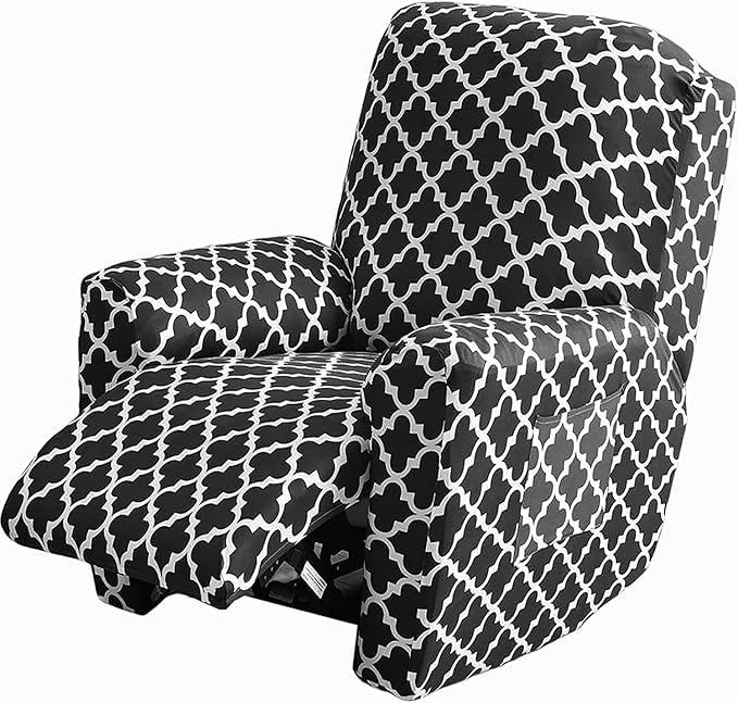 House of Quirk Polyester Recliner Slipcover 4 Pieces Stretch Printed Chair Covers with Side Pocket Sofa Couch Cover Anti-Slip Fitted Recliner Cover Furniture Protector - Black Trellis - Image 1