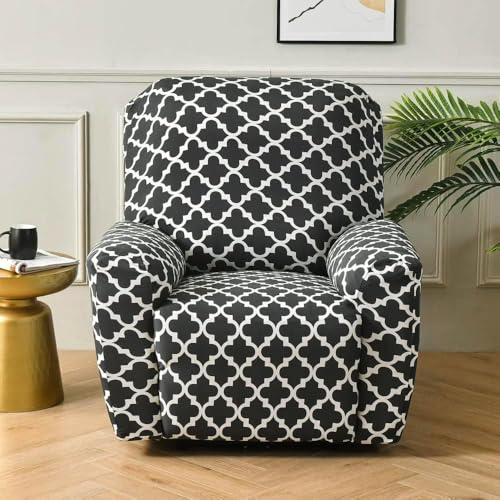 House of Quirk Polyester Recliner Slipcover 4 Pieces Stretch Printed Chair Covers with Side Pocket Sofa Couch Cover Anti-Slip Fitted Recliner Cover Furniture Protector - Black Trellis - Image 3