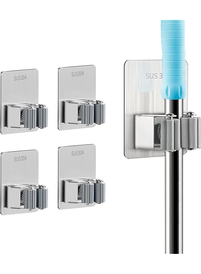 Green Tiger 4 PCS Self Adhesive Broom Holder Wall Mount, Heavy Duty 304 Stainless Steel Anti-Rust & Anti-Slip Mop Holder for Home, Kitchen, Bathroom, Garden & Garage Storage - Image 1