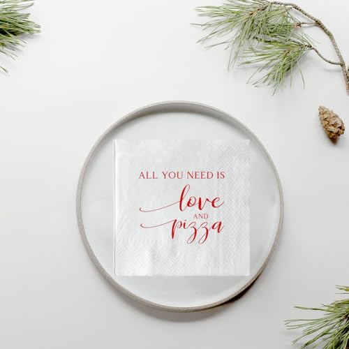 ZLPDS 50 Pcs Wedding Napkins Red Foil "All You Need is Love and Pizza" Paper Cocktail Napkins Bar Berverage Napkins for Engagement Rehearsal Dinner Luncheon Dinner Party Decorations 3-Ply - Image 3