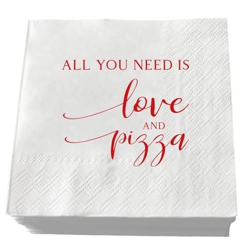 ZLPDS 50 Pcs Wedding Napkins Red Foil "All You Need is Love and Pizza" Paper Cocktail Napkins Bar Berverage Napkins for Engagement Rehearsal Dinner Luncheon Dinner Party Decorations 3-Ply - Image 1