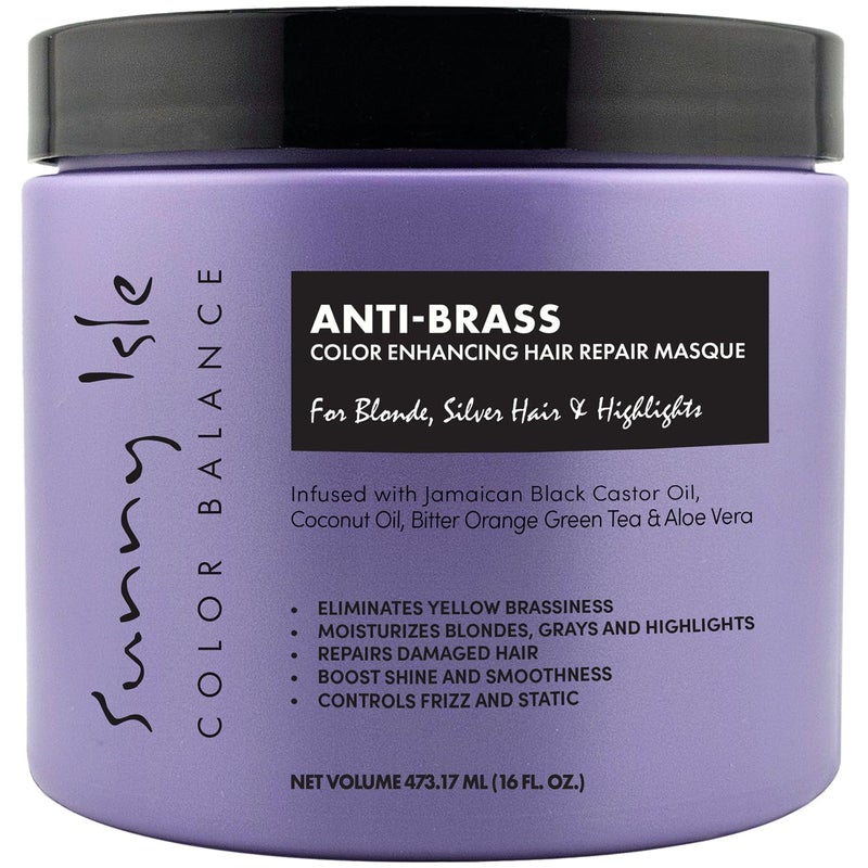 Sunny Isle Anti-Brass Color Enhancing Purple Hair Repair Masque 16oz | Neutralizes Yellow Undertones & Brassiness | Deep Conditioner Treatment Toner for Blonde, Silver, Gray Hair & Highlights